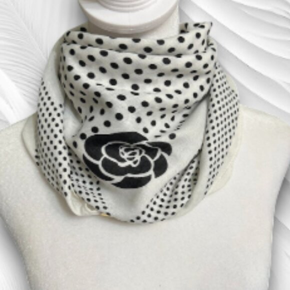 Elegant Women's White Scarf with Black Polka Dots and Floral Print - Picture 3 of 7